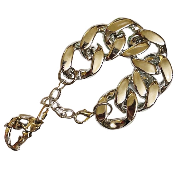 Double sided Antique Sliver 3D Sabertooth Tiger Skull Large Chain Link Bracelet - Picture 4 of 15